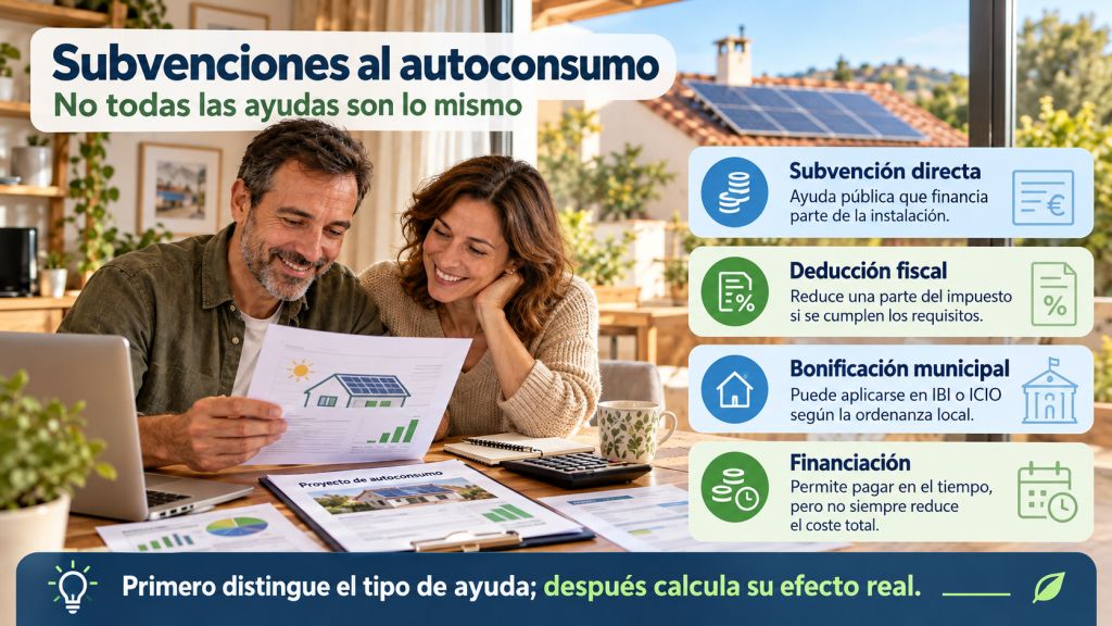 Comparación entre subvención directa, deducción fiscal, bonificación municipal y financiación para una instalación de autoconsumo solar.