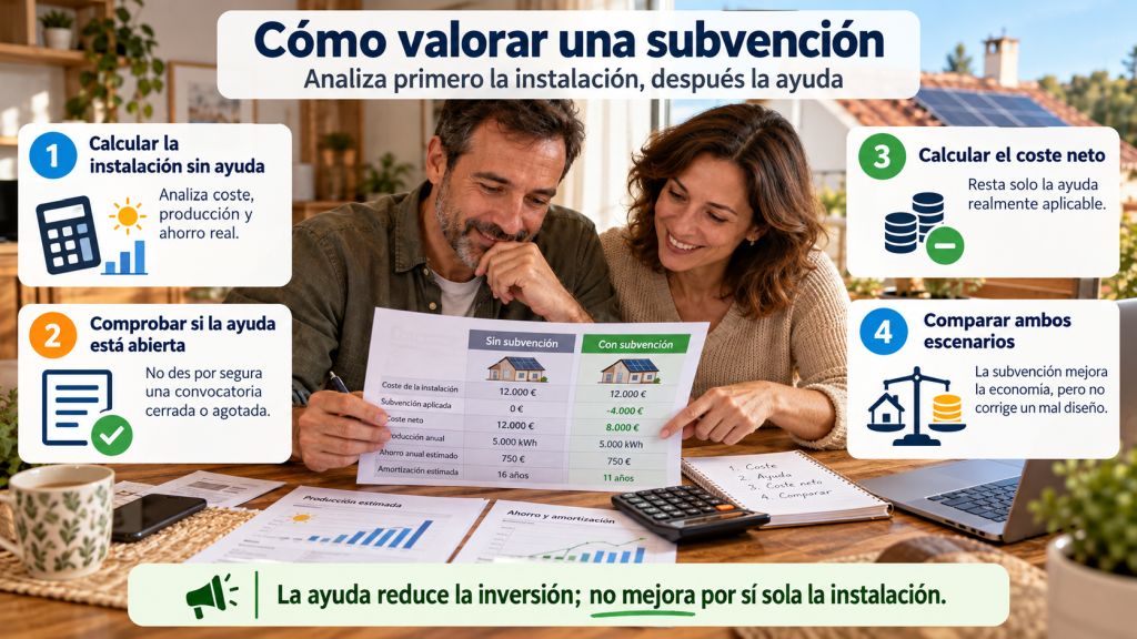 Proceso para valorar una subvención comparando la instalación sin ayuda, la convocatoria disponible, el coste neto y el resultado económico final.