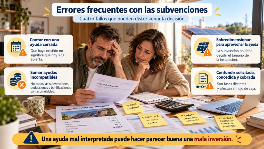 Errores frecuentes al calcular ayudas al autoconsumo, como contar con convocatorias cerradas, sumar incentivos incompatibles o sobredimensionar la instalación.