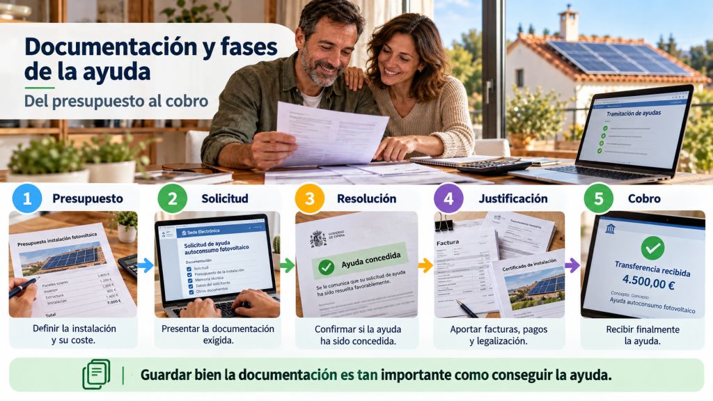 Fases de una ayuda al autoconsumo desde el presupuesto y la solicitud hasta la resolución, justificación y cobro de la subvención.