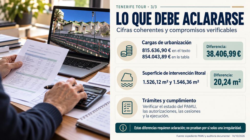 Lo que debe aclararse: Revisión documental del PAMU Tenerife Tour con diferencias de 38.406,99 euros en las cargas de urbanización y 20,24 m² en la superficie litoral, además de trámites y compromisos por verificar.