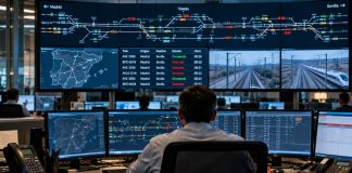 Accidente de Urda: la tragedia tras la avería Operador ante las pantallas de un centro de control ferroviario, representación de la supervisión del tráfico y las decisiones de seguridad durante una avería.