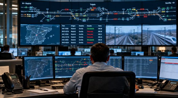 Accidente de Urda: la tragedia tras la avería Operador ante las pantallas de un centro de control ferroviario, representación de la supervisión del tráfico y las decisiones de seguridad durante una avería.