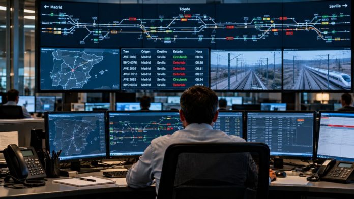 Operador ante las pantallas de un centro de control ferroviario, representación de la supervisión del tráfico y las decisiones de seguridad durante una avería.