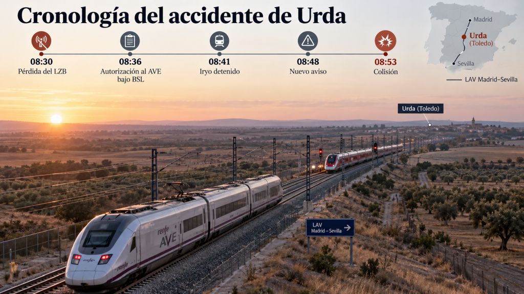 Recreación de dos trenes de alta velocidad en una línea ferroviaria, acompañada de la cronología de la avería del LZB, las comunicaciones y la colisión de Urda.