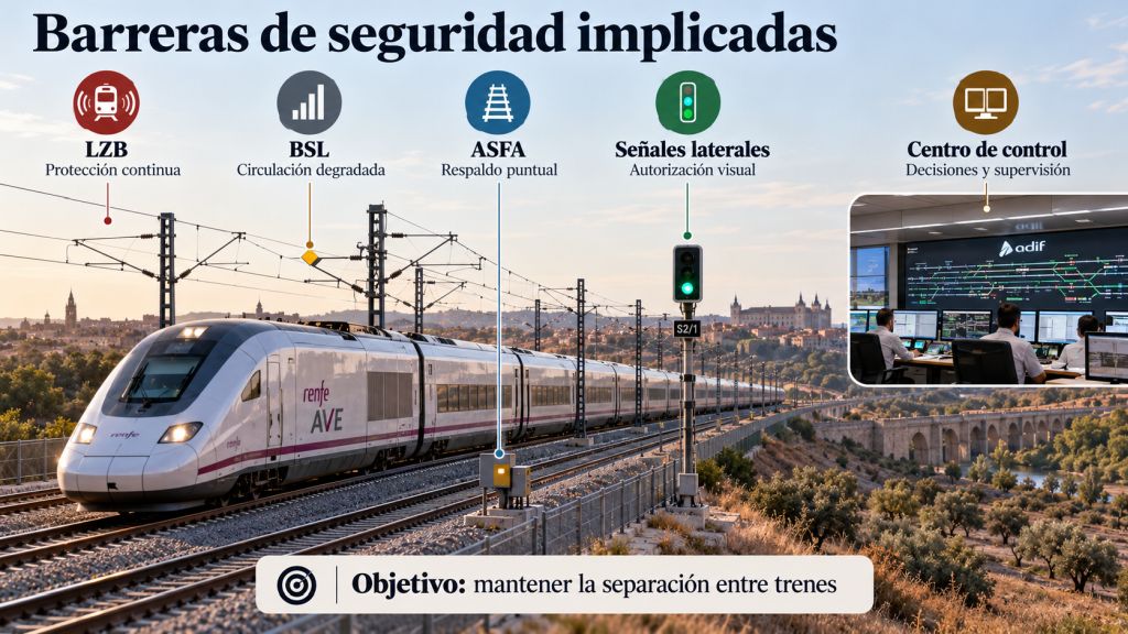 Tren de alta velocidad junto a señales ferroviarias e iconos que explican las funciones del LZB, BSL, ASFA y centro de control para mantener la separación entre trenes.
