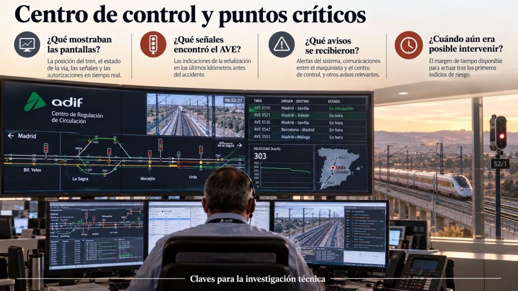 Recreación de un centro de control ferroviario con pantallas de circulación y cuatro preguntas sobre las señales, los avisos recibidos y las oportunidades de evitar el accidente de Urda.