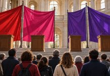 Podemos y la unidad de la izquierda: miopía y ego Banderas rojas, magenta y moradas separadas sobre varios atriles mientras un grupo de votantes observa desde el auditorio.