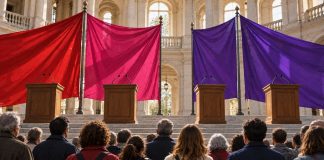 Podemos y la unidad de la izquierda: miopía y ego Banderas rojas, magenta y moradas separadas sobre varios atriles mientras un grupo de votantes observa desde el auditorio.