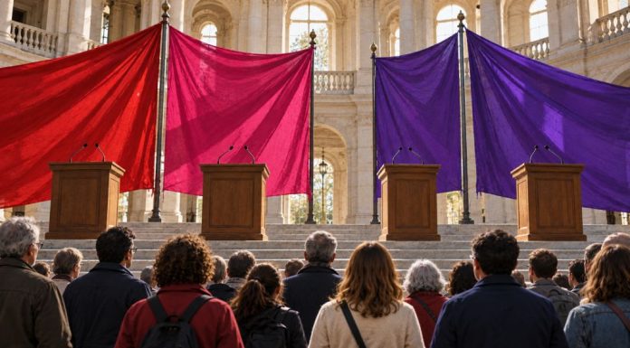 Podemos y la unidad de la izquierda: miopía y ego Banderas rojas, magenta y moradas separadas sobre varios atriles mientras un grupo de votantes observa desde el auditorio.