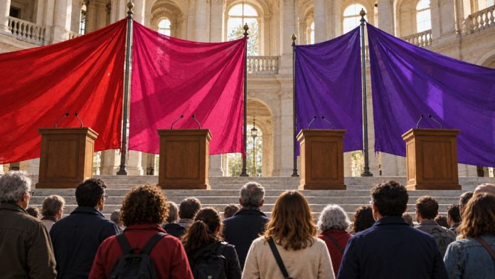 Banderas rojas, magenta y moradas separadas sobre varios atriles mientras un grupo de votantes observa desde el auditorio.