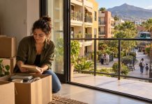 Solución a la vivienda: una propuesta integral Mujer joven desembala sus pertenencias en una vivienda con vistas a un barrio con zonas peatonales, vecinos y transporte público.