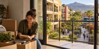 Solución a la vivienda: una propuesta integral Mujer joven desembala sus pertenencias en una vivienda con vistas a un barrio con zonas peatonales, vecinos y transporte público.
