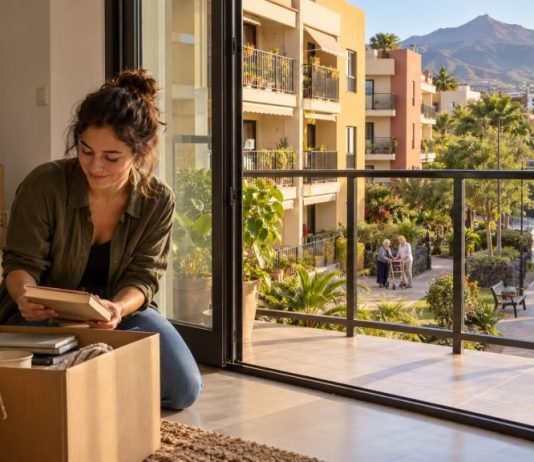 Solución a la vivienda: una propuesta integral Mujer joven desembala sus pertenencias en una vivienda con vistas a un barrio con zonas peatonales, vecinos y transporte público.