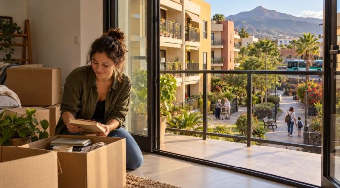 Solución a la vivienda: una propuesta integral Mujer joven desembala sus pertenencias en una vivienda con vistas a un barrio con zonas peatonales, vecinos y transporte público.