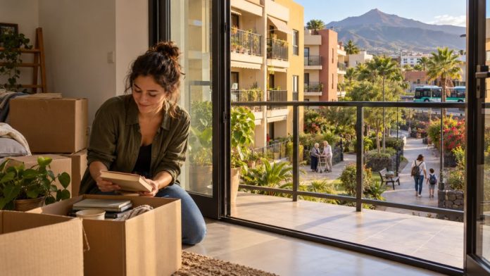 Mujer joven desembala sus pertenencias en una vivienda con vistas a un barrio con zonas peatonales, vecinos y transporte público.