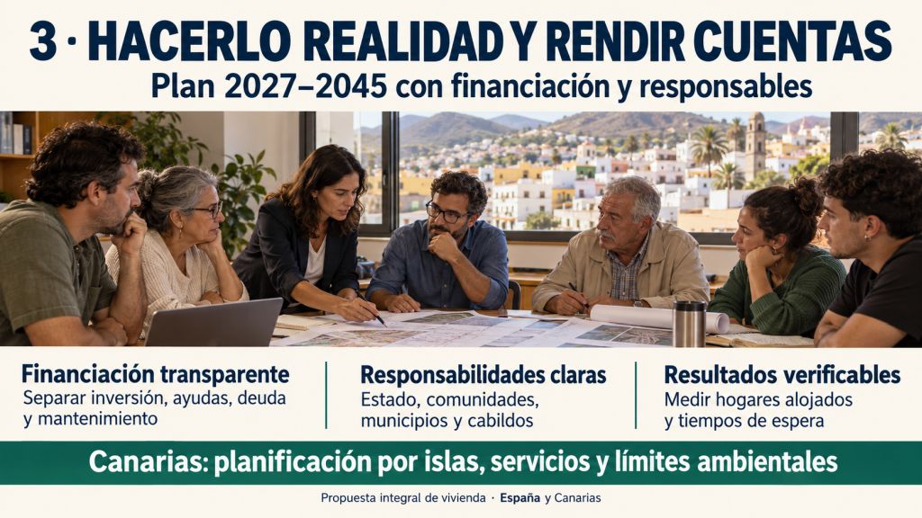 Plan de vivienda 2027–2045 con financiación transparente, responsabilidades por administración y evaluación de resultados, adaptado a las necesidades y límites ambientales de Canarias.